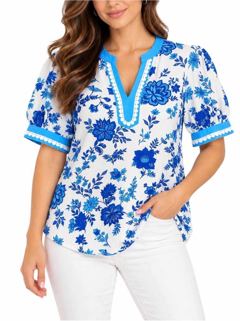 Southern Stitch Blue Floral Tunic Blouse Size XL NWT